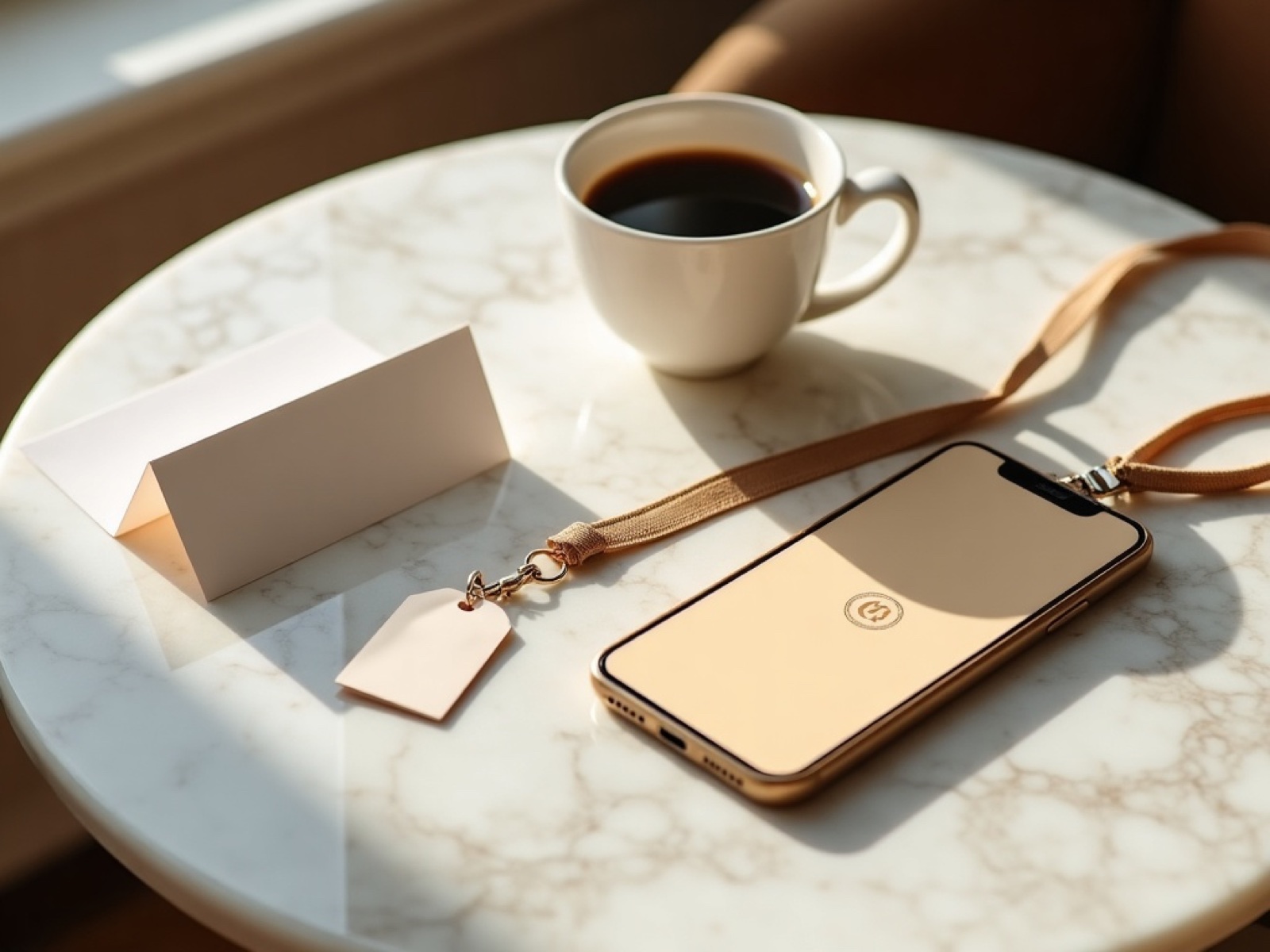 A phone showing a gold monogrammed card beside an espresso and a conference badge
